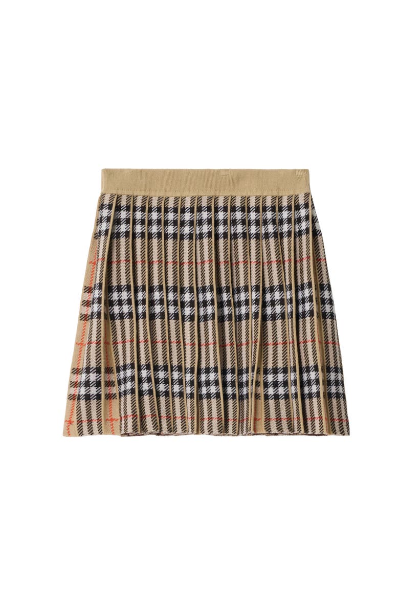 Burberry Pleated Check Wool Blend Skirt, Main, color, Sand Beige