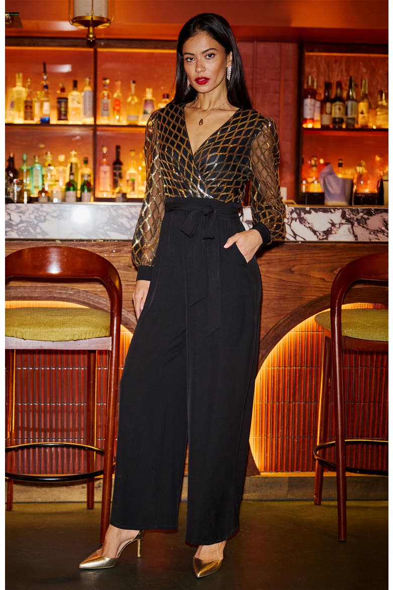 Sequin Wrap Over Jumpsuit, Alternate, color, Black