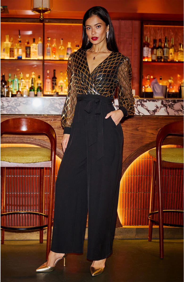 Yumi Sequin Wrap Over Jumpsuit, Alternate, color, Black