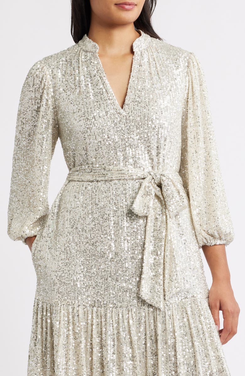 Eliza J Sequin Belted Dress, Alternate, color, Silver