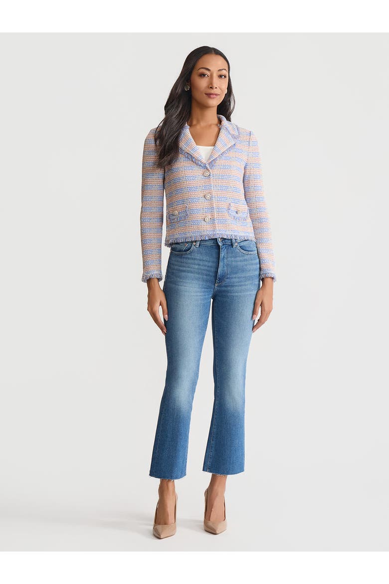 Relaxed Plaid Fringe Trim Knit Jacket, Main, color, Tranquil Blue