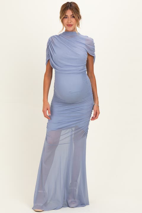 Draped Bodice Ruched Mesh Maxi Dress