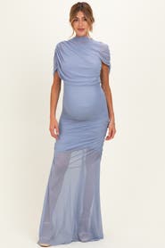 PinkBlush Draped Bodice Ruched Mesh Maxi Dress