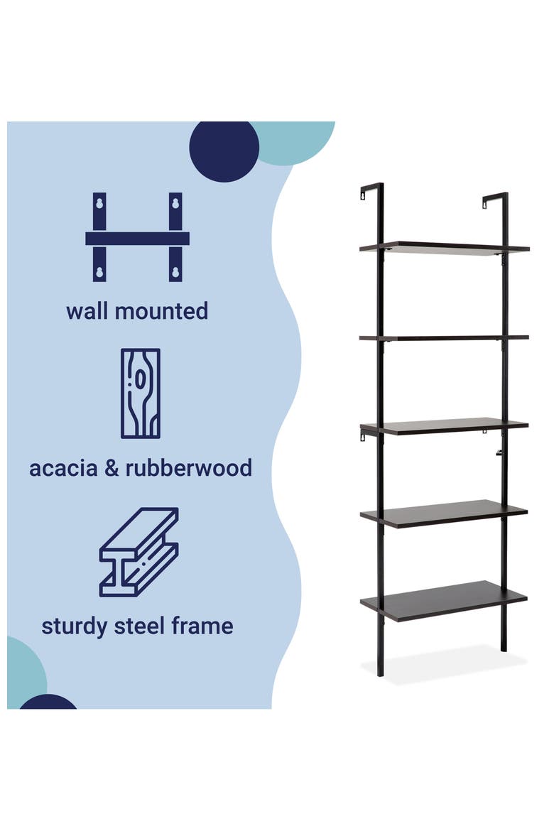 Madera Classic Industrial Shelf Wood Wall-Mounted Open Ladder Bookcase with Metal Frame, Alternate, color, Black/Black