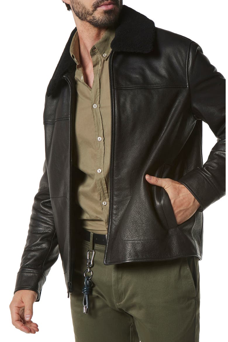 Truxton Genuine Shearling Trim Leather Jacket, Alternate, color, BLACK
