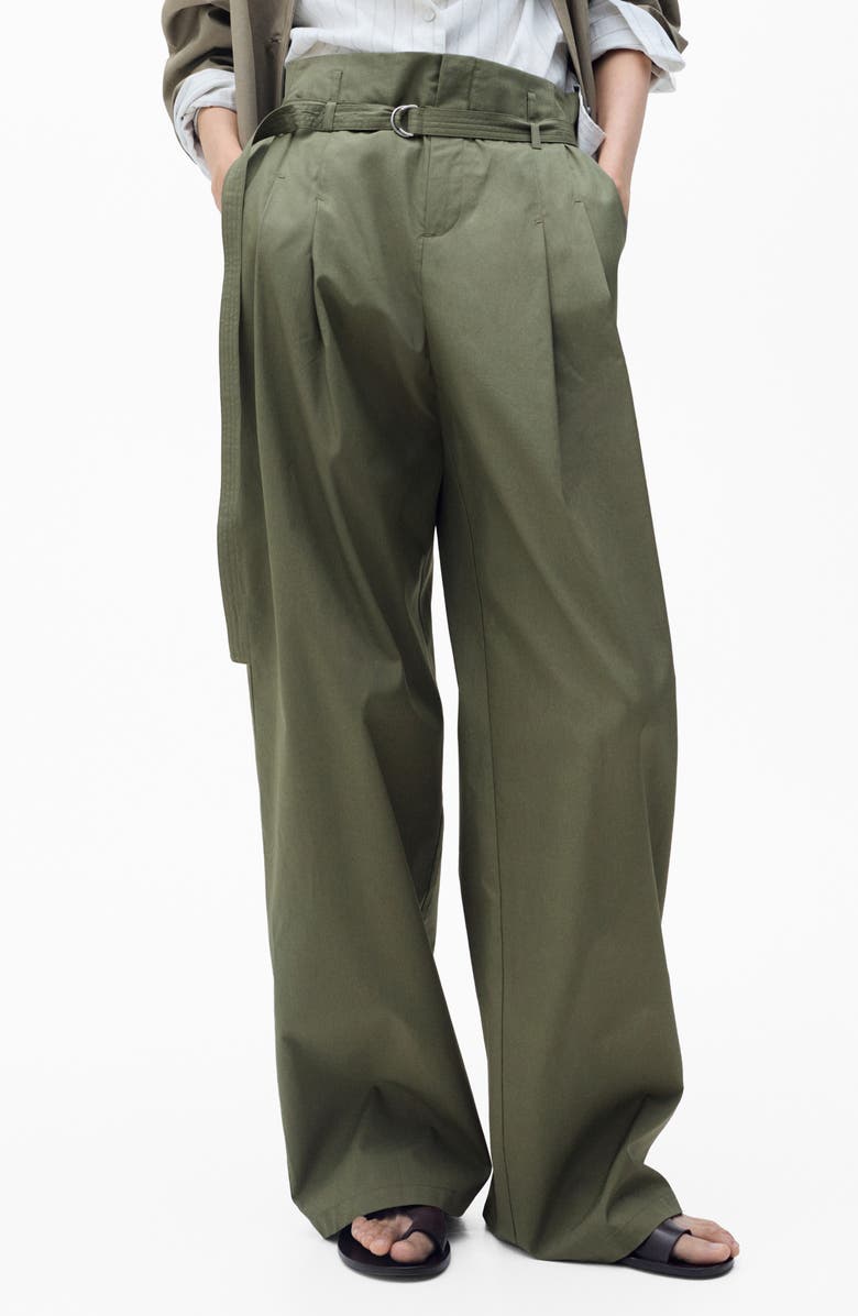 MANGO Belted Cotton Wide Leg Pants, Main, color, Khaki Green