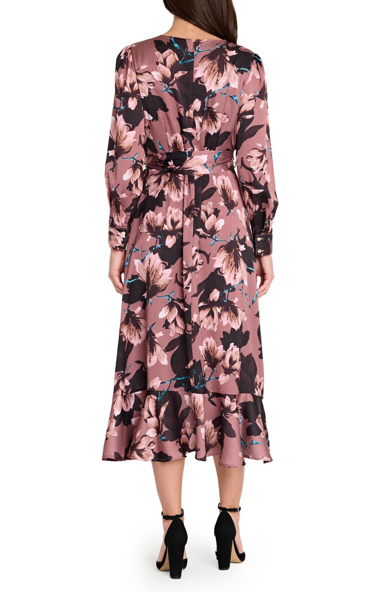 Tahari ASL Floral Long Sleeve Satin Faux Wrap Dress, Alternate, color, Mauve Floral