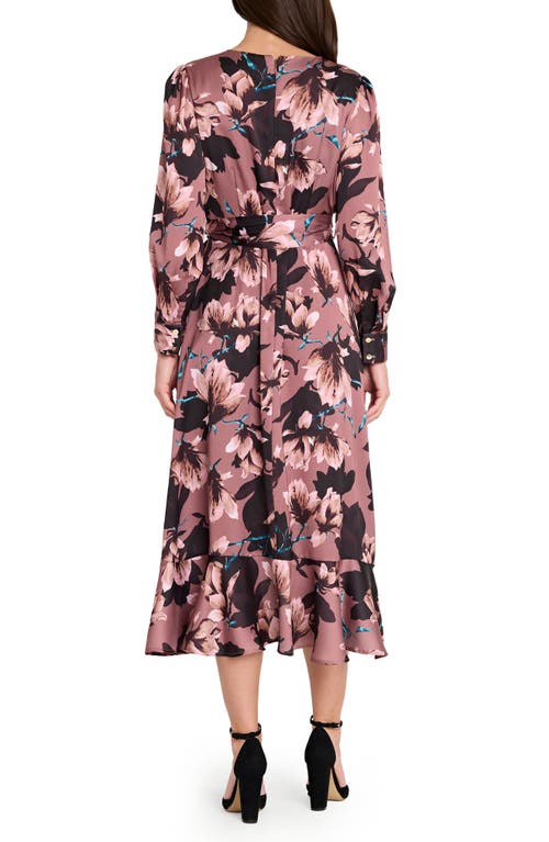 Tahari Asl Floral Long Sleeve Satin Faux Wrap Dress In Brown