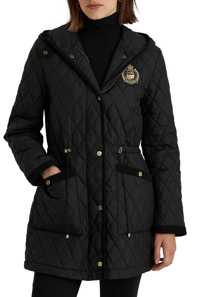 Quilted Crest Hooded Coat, Main, color, BLACK