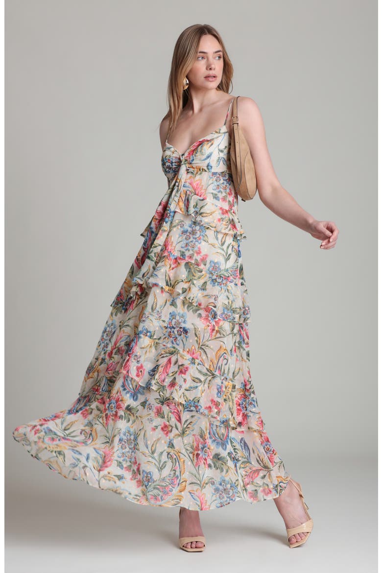 Tie Front Ruffle Maxi Dress, Alternate, color, ANTOINETTE DAMASK