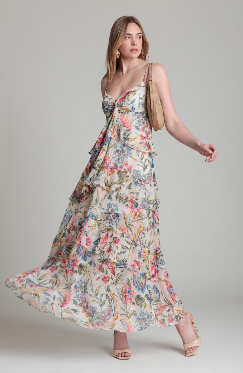 Avec Les Filles Tie Front Ruffle Maxi Dress, Alternate, color, Antoinette Damask