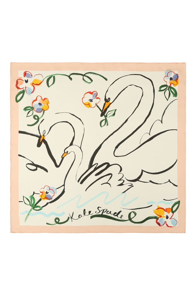 swans print silk square scarf, Alternate, color, IVORY MULTI