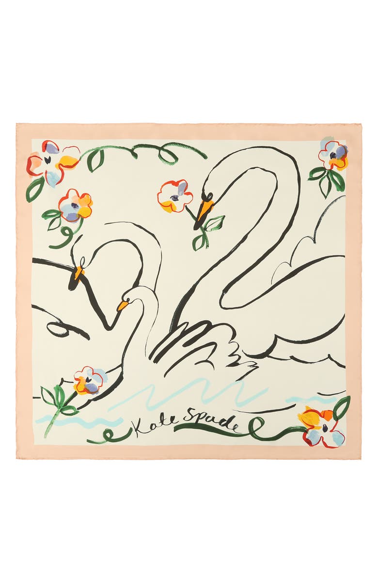 Kate Spade New York swans print silk square scarf, Alternate, color, Ivory Multi
