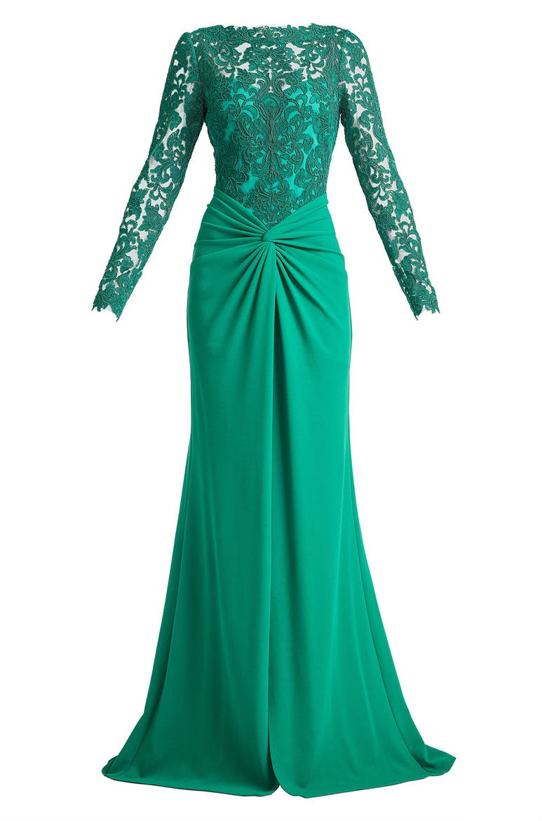 Corded Lace & Crepe Gown, Alternate, color, EMERALD