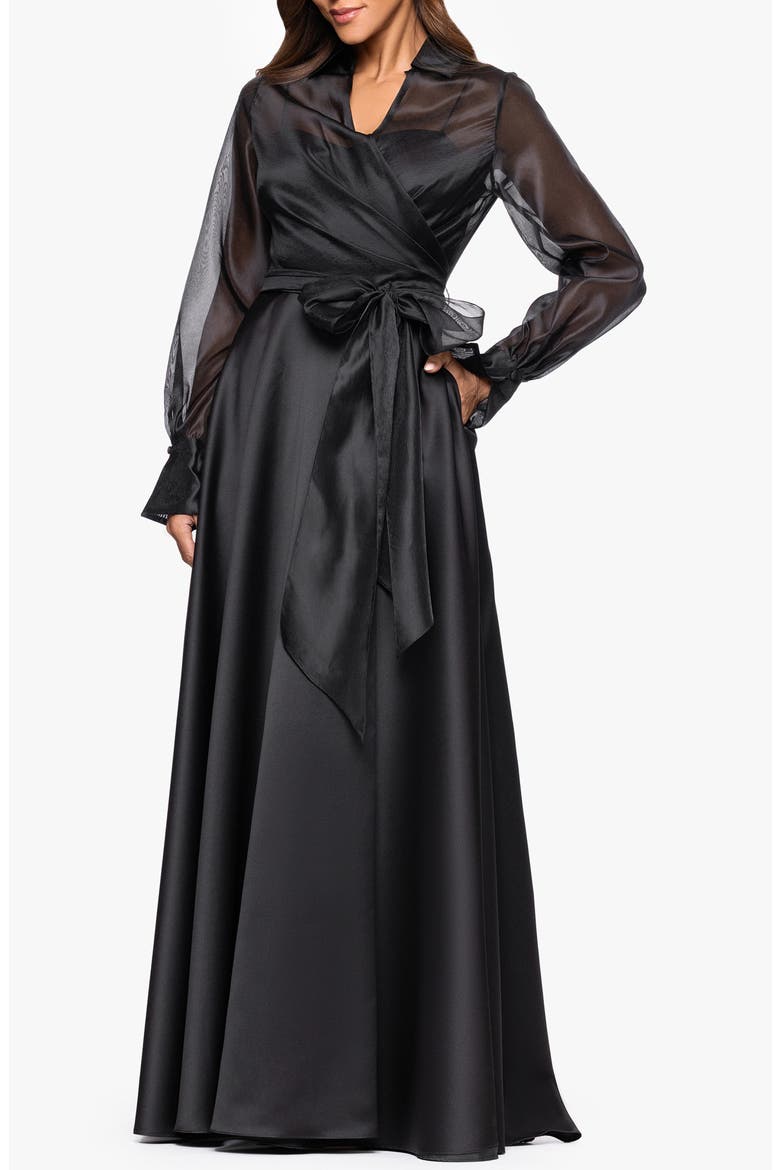Long Sleeve Organza A-Line Gown, Alternate, color, BLACK