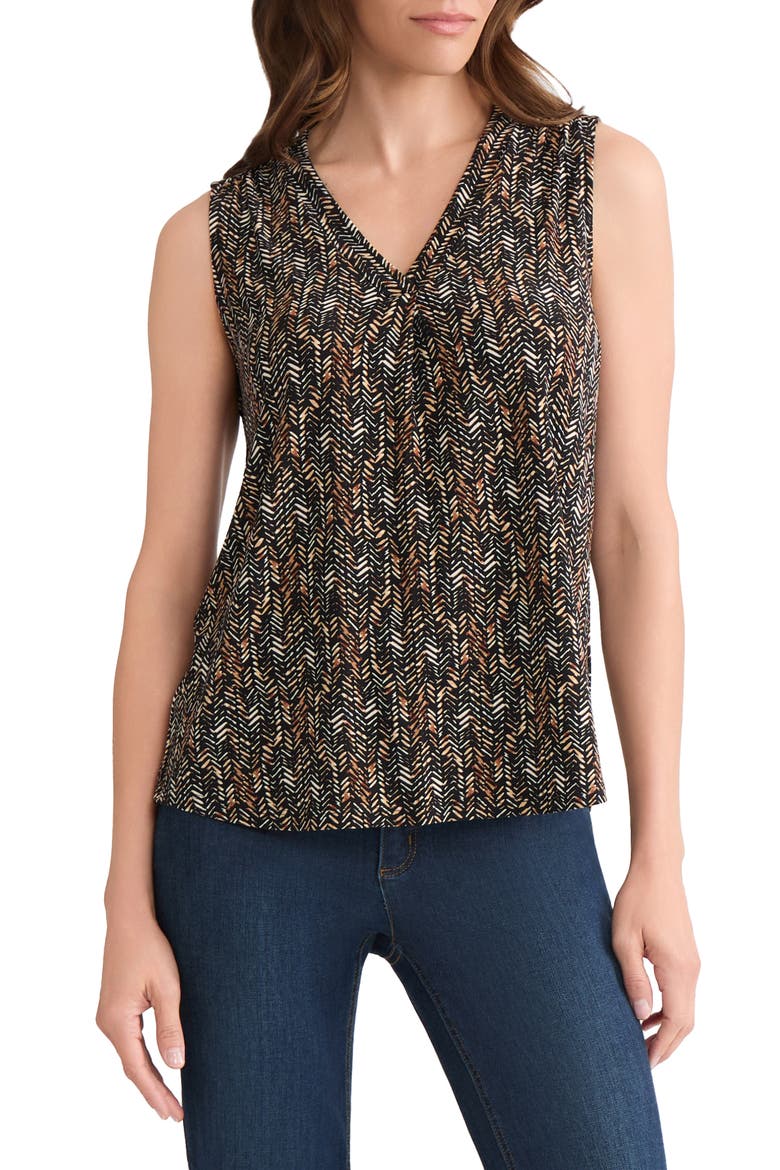 Geo Print Pleated V-Neck Shell, Main, color, JONES BLACK/ WHITE MULTI