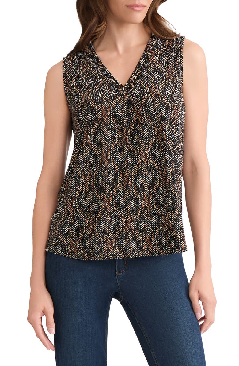 Jones New York Geo Print Pleated V-Neck Shell, Main, color, Jones Black/ White Multi