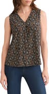 Jones New York Geo Print Pleated V-Neck Shell