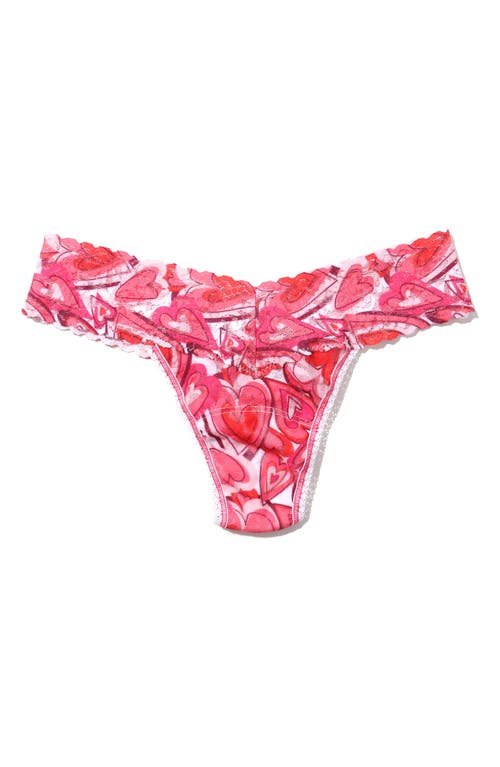 Hanky Panky Petite Size Printed Signature Lace Thong In Lots Of Love Pink
