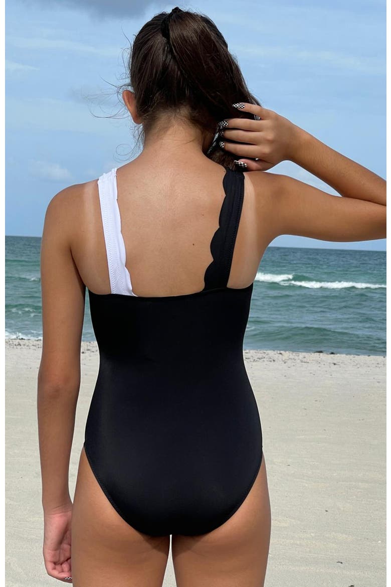 Scalloped Wrap with Waist Bow One-Piece Swimsuit, Alternate, color, Black-White