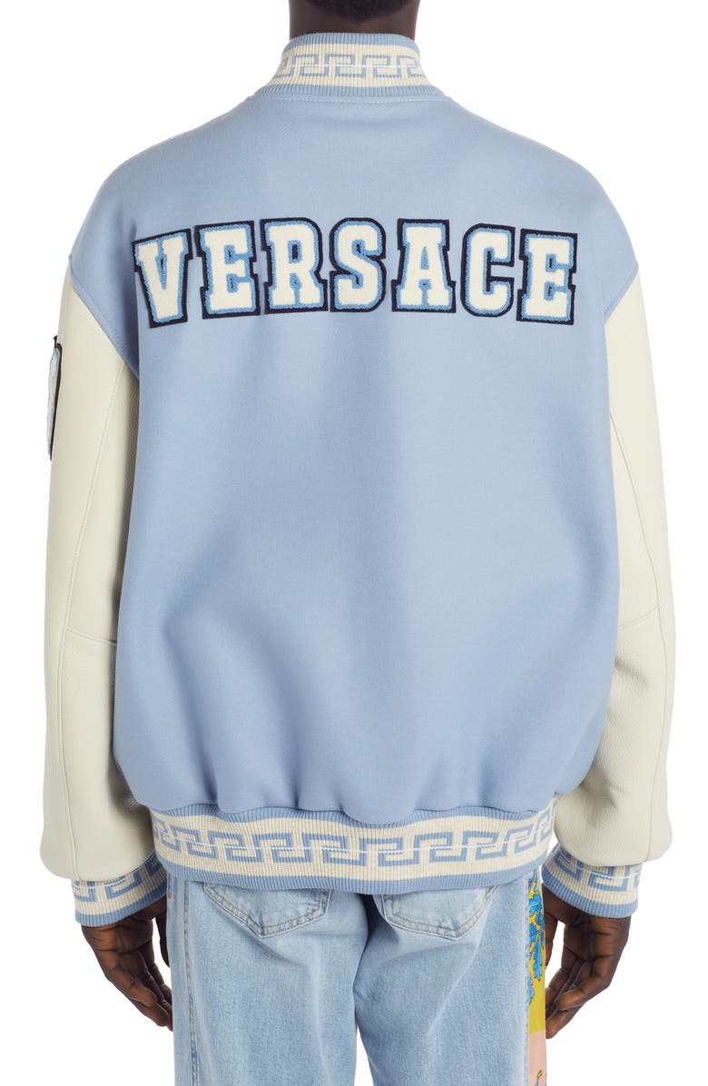 Versace Wool Blend Varsity Jacket with Leather Sleeves, Alternate, color, 