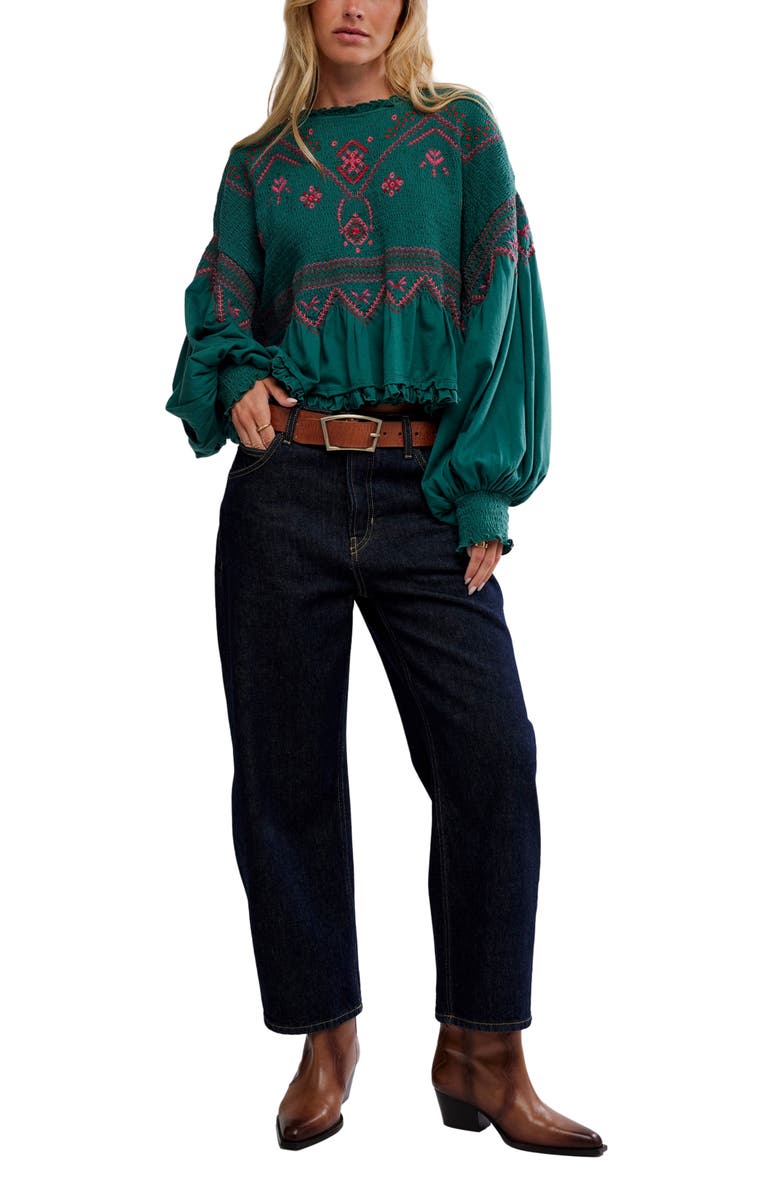 Free People Holly Smocked Embroidered Top, Alternate, color, Green Combo