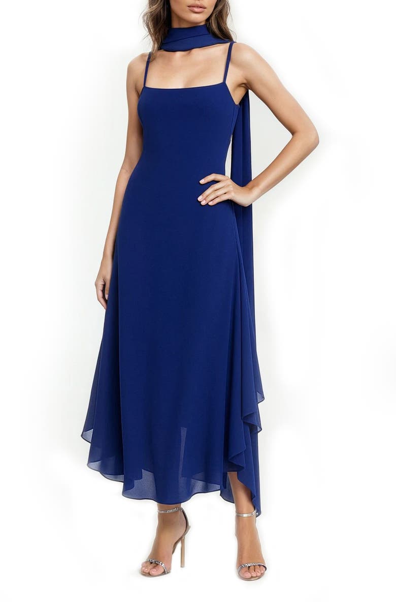 Jewel Badgley Mischka Asymmetri Chiffon Slipdress with Scarf, Main, color, Navy
