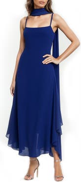 Jewel Badgley Mischka Asymmetri Chiffon Slipdress with Scarf