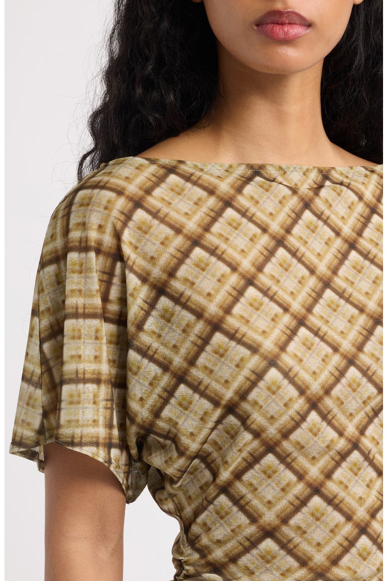 Slash Neck Ruched Mesh Top, Alternate, color, GREEN CHECK