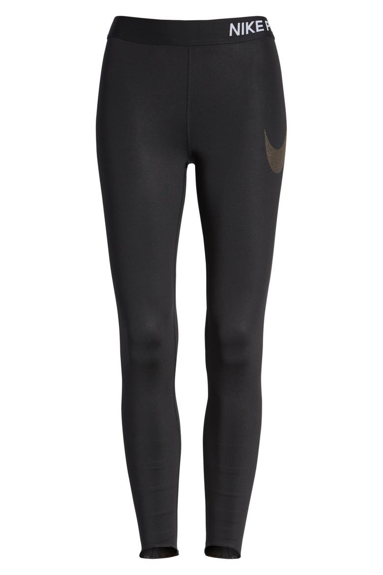 Pro Embossed Logo 7/8 Tights, Main, color, BLACK/ BLACK/ METALLIC GOLD