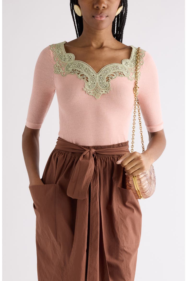 Lace Trim Rib Wool Sweater, Main, color, TENDER PINK