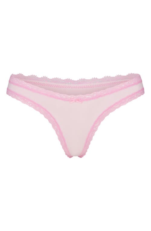 Skims Lightweight Cotton Lace Trim Thong In Cherry Blossom Tonal