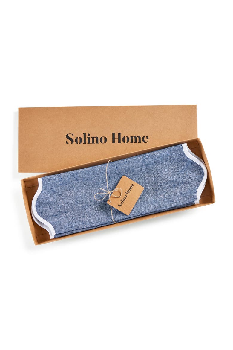 Linen Placemats 16 Inch Round Set of 4 - Giselle Scallop Edge, Alternate, color, White and Chambray Indigo