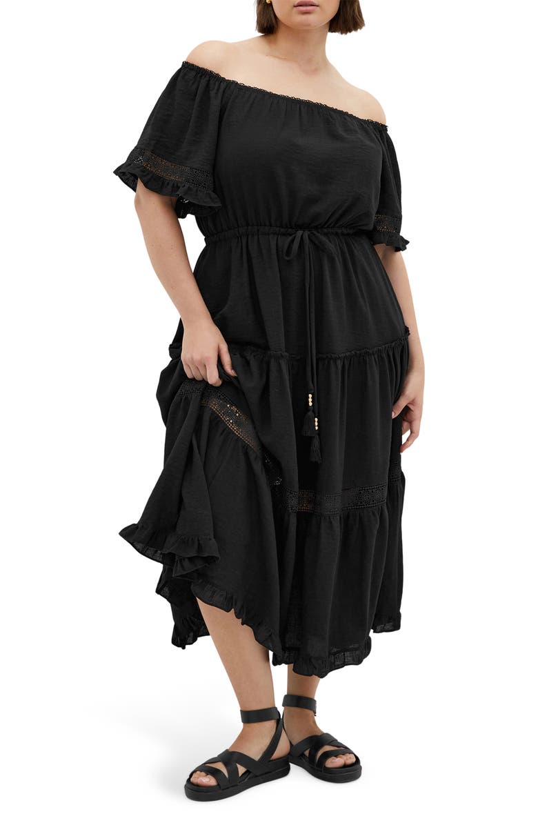 City Chic Angel Embroidery Detail Midi Dress, Main, color, Black