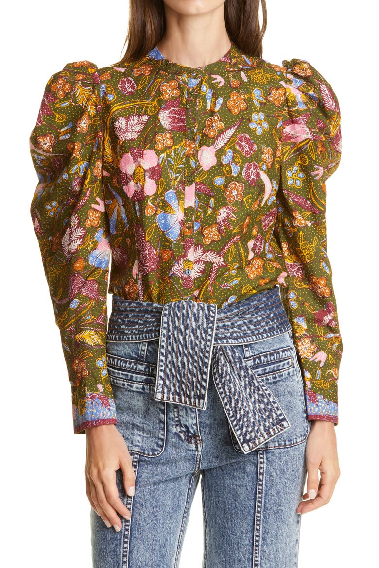 Willa Puff Sleeve Cotton Blouse, Main, color, PINE FLORAL