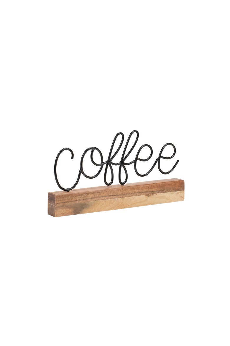 Coffee Wire Metal and Wood Decorative Table Top Sign, Alternate, color, Brown