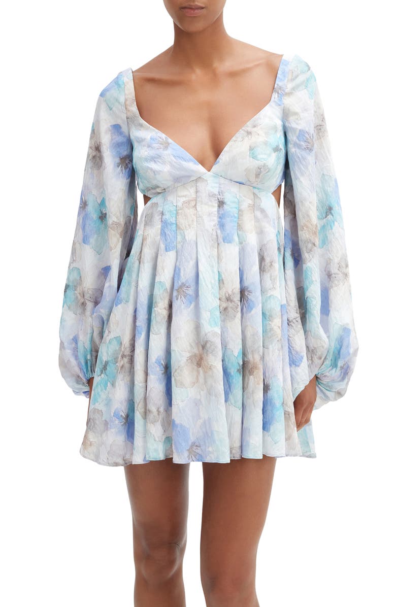Bardot Jovie Floral Long Sleeve Babydoll Minidress, Alternate, color, Blue Floral