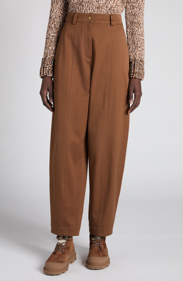 Moncler Stretch Cotton Twill Barrel Leg Ankle Trousers, Main, color, Burnt Caramel