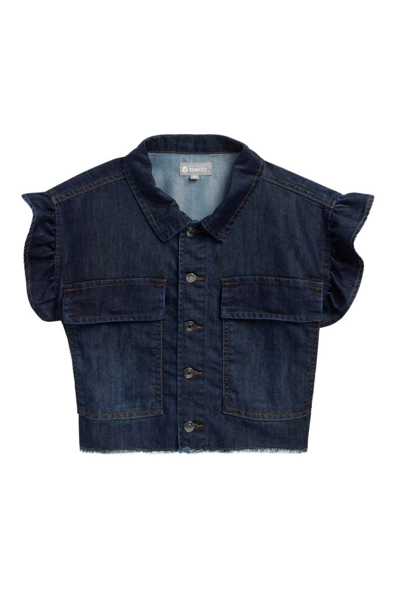 Kids' Ruffle Sleeve Denim Shirt, Main, color, DARK INDIGO