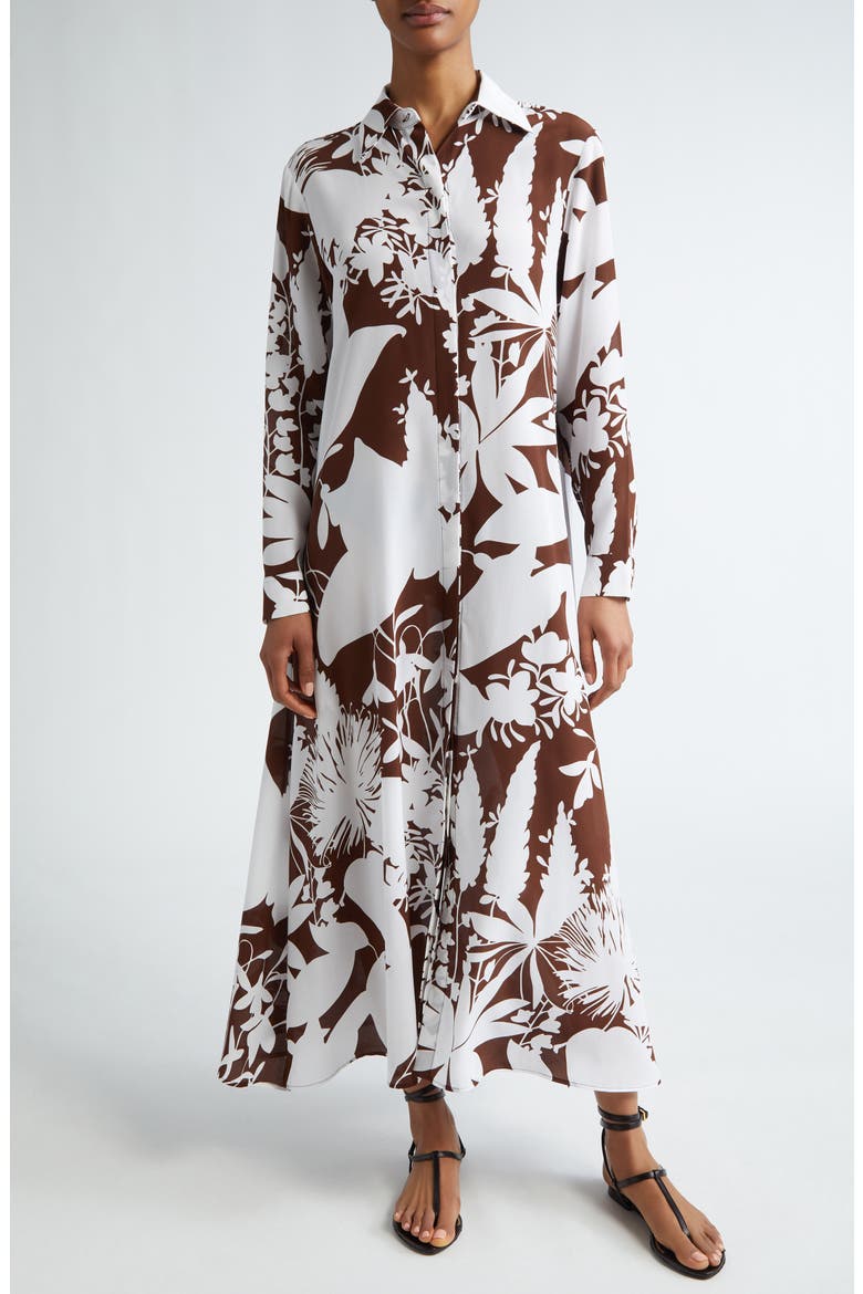 Shadow Floral Print Long Sleeve Silk Crêpe de Chine Shirtdress, Main, color, NUTMEG/ OPTIC WHITE
