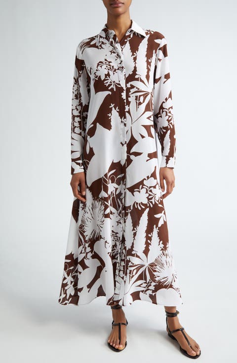 Shadow Floral Print Long Sleeve Silk Crêpe de Chine Shirtdress