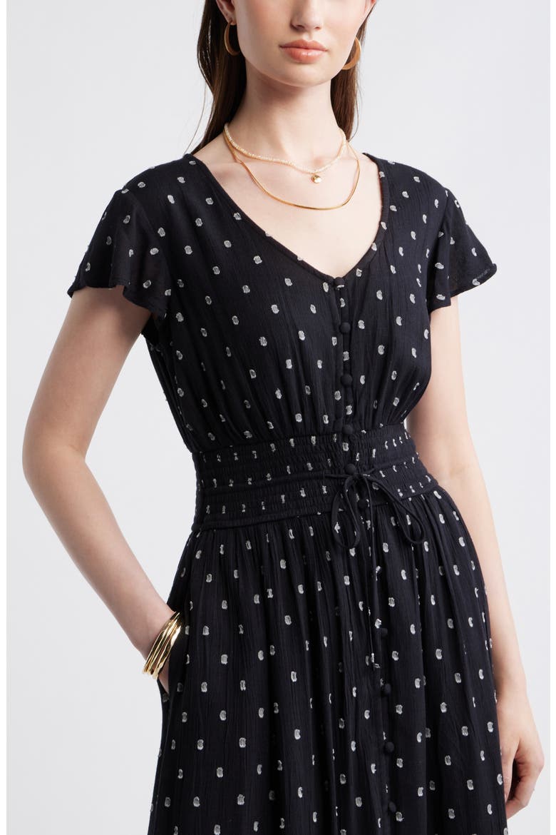Smocked Dobby Maxi Dress, Alternate, color, BLACK- IVORY DOBBY DOT