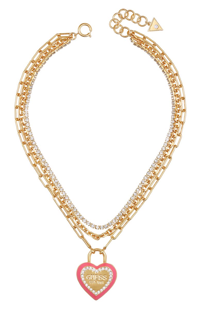 GUESS Layered Pavé Heart Charm Necklace, Alternate, color, Gold Tone