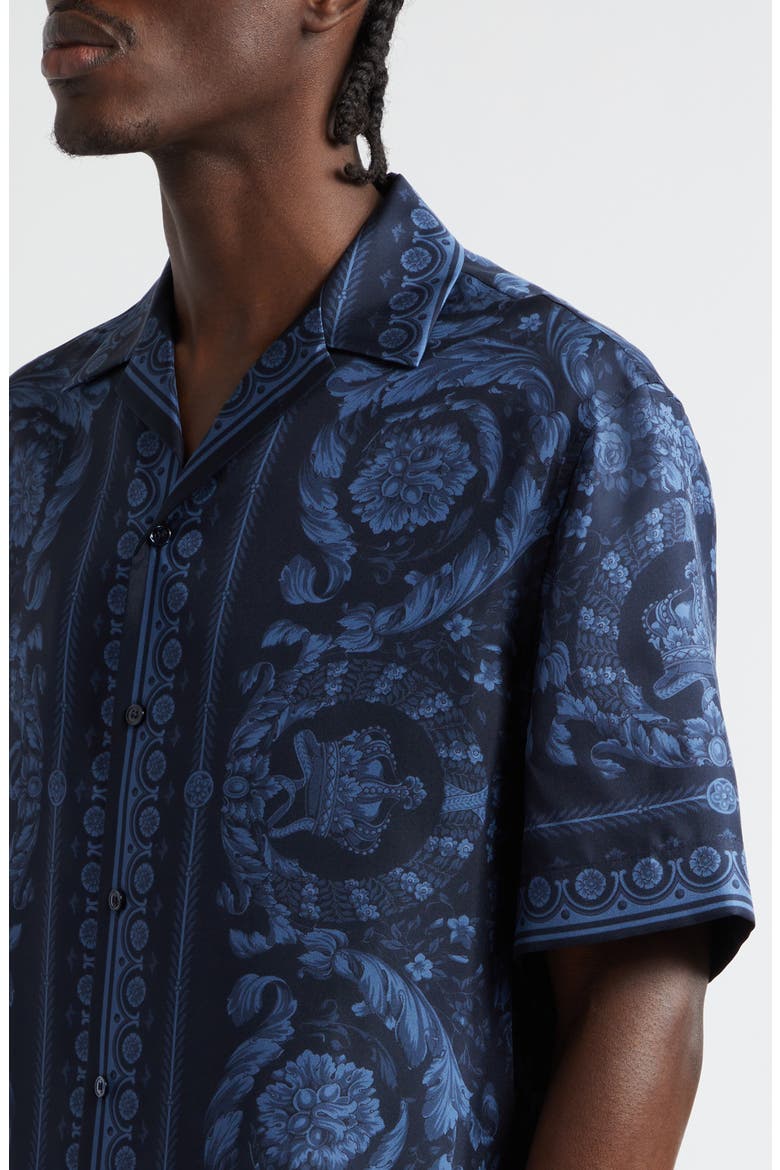 Barocco Print Silk Button-Up Shirt, Alternate, color, NAVY BLUE