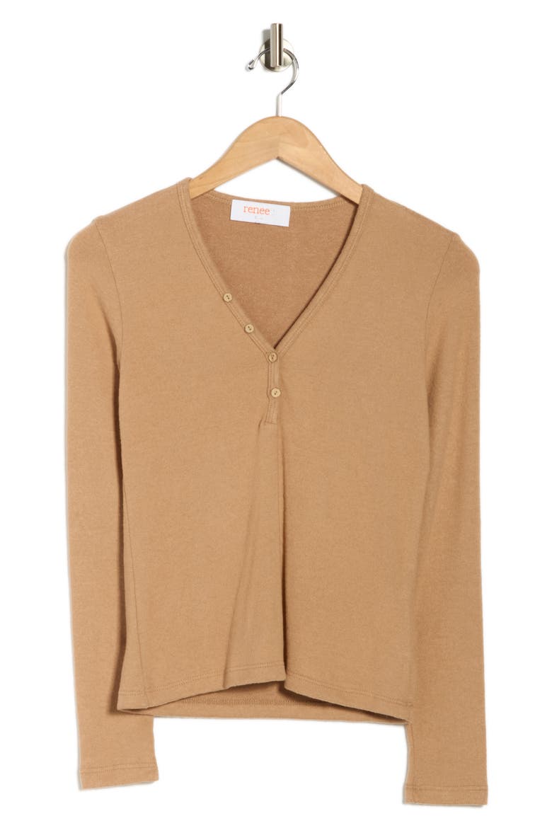 V-Neck Long Sleeve Crop Henley Top, Alternate, color, DARK KHAKI