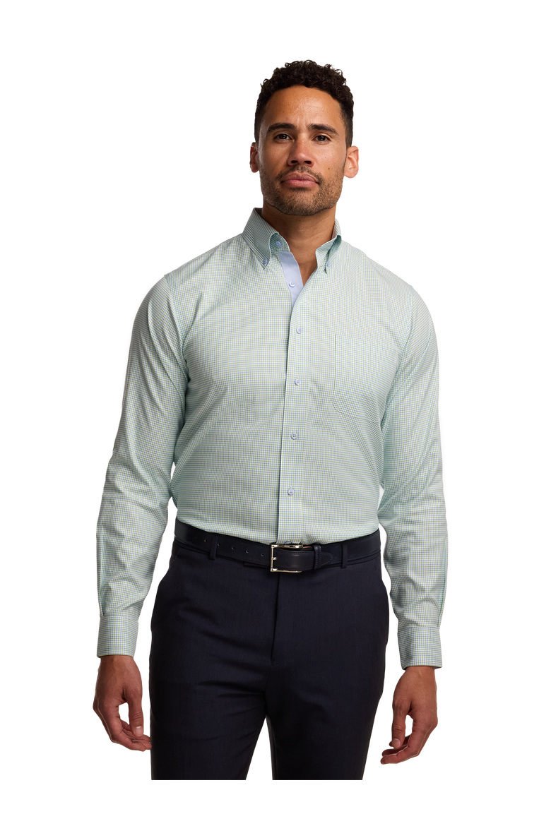 Cotton Poly Spandex Buttondown Collar Twill Slim Contrast Trim Button Cuff Long Sleeve, Alternate, color, Blue/Green