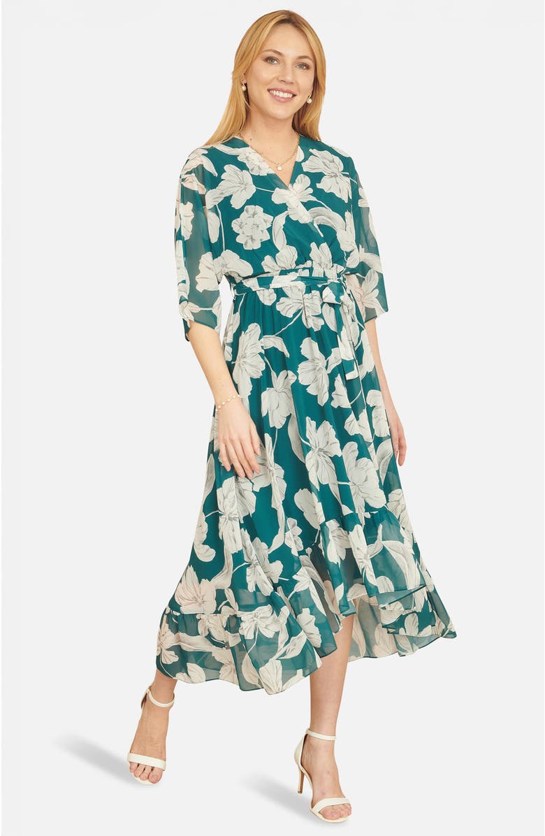 Yumi Midi Dip Hem Wrap Dress, Main, color, Green