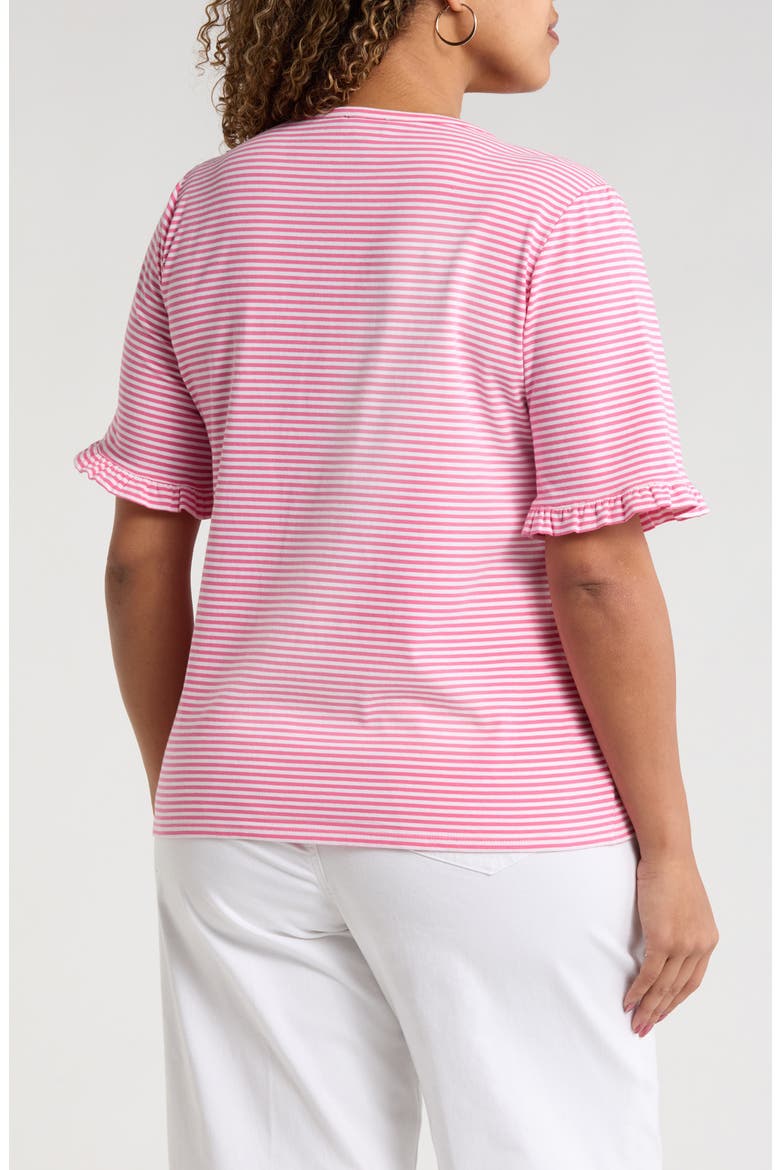 Stripe Frill Sleeve Stretch Cotton Top, Alternate, color, DUTCH PINK / NATURAL WHITE