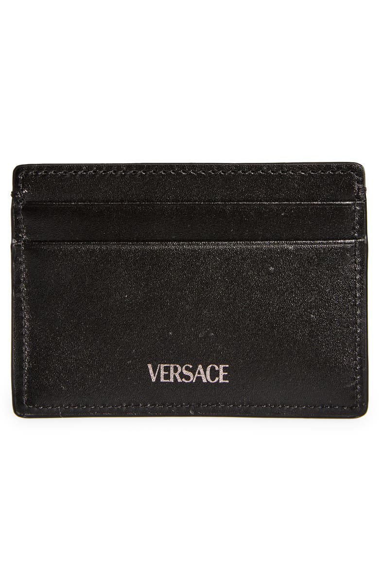 Versace Floral Jacquard & Leather Card Case, Alternate, color, 