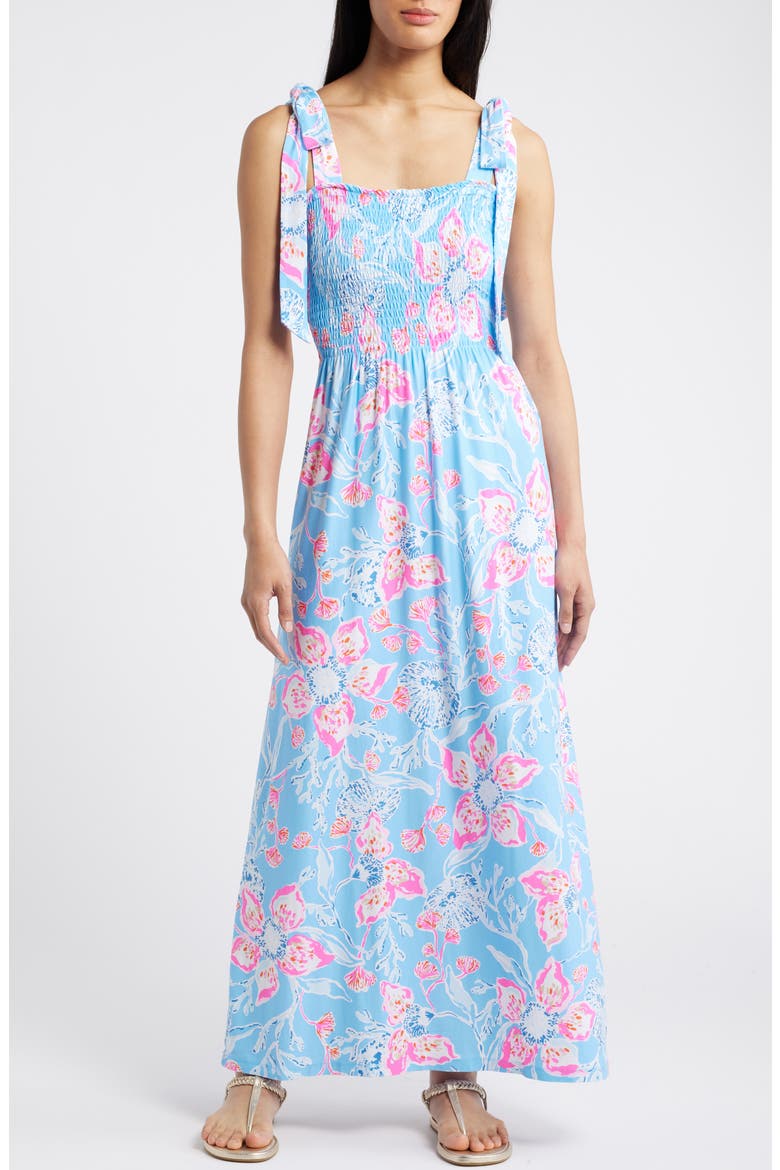Kailua Floral Smocked Tie Shoulder Maxi Sundress, Main, color, MULTI BAHAMIAN RHAPSODY